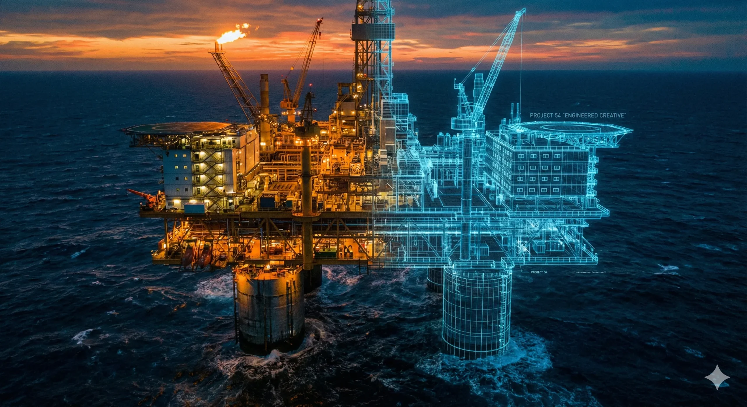 Digital twin visualization of an offshore energy platform representing the Satellite Strategy in energy transition.