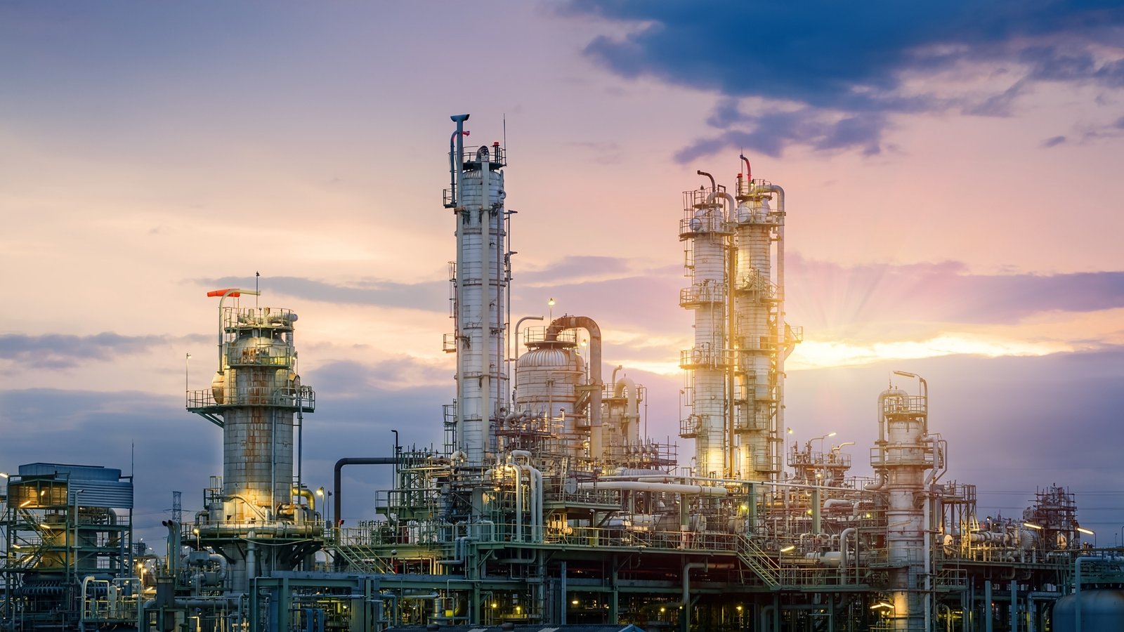 Gas processing and liquefaction towers at golden hour