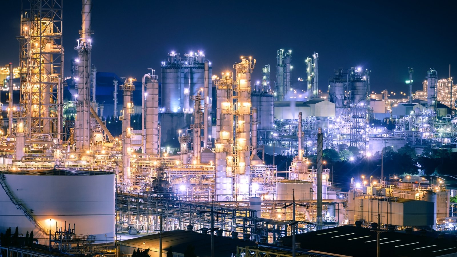An aerial view of a crude oil tank farm at an import terminal.