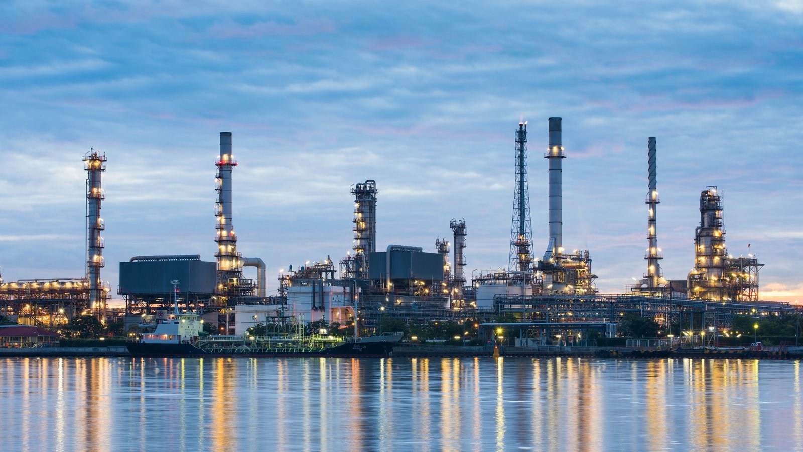 Integrated refinery and petrochemical complex at dusk