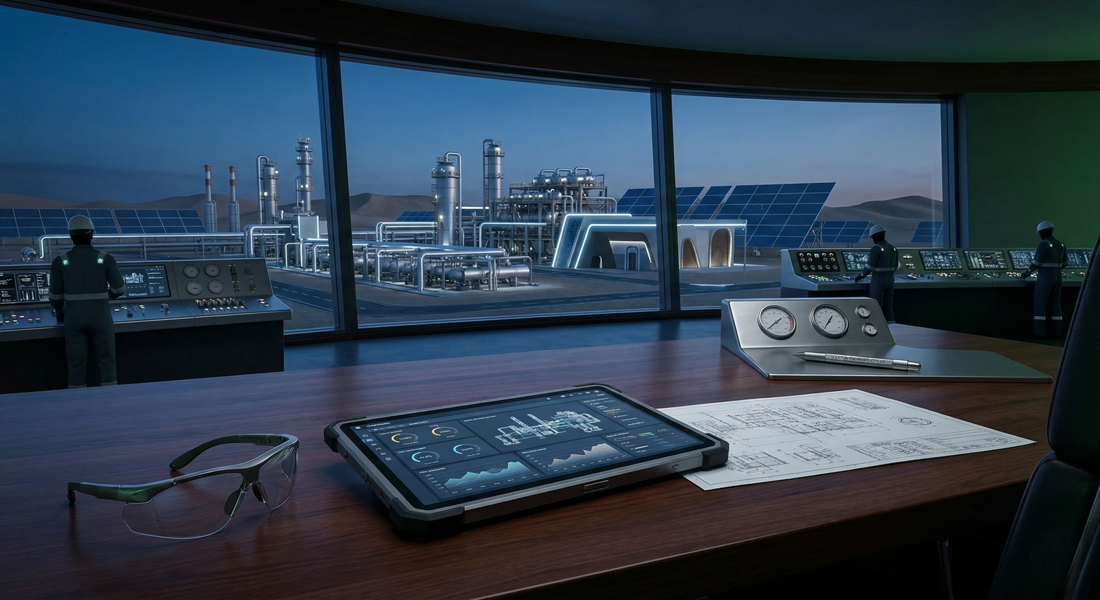 A desk with a rugged tablet displaying data, a pairs of safety glasses, and engineering blueprints overlooking a modern energy facility at night. B2B energy procurement framework
