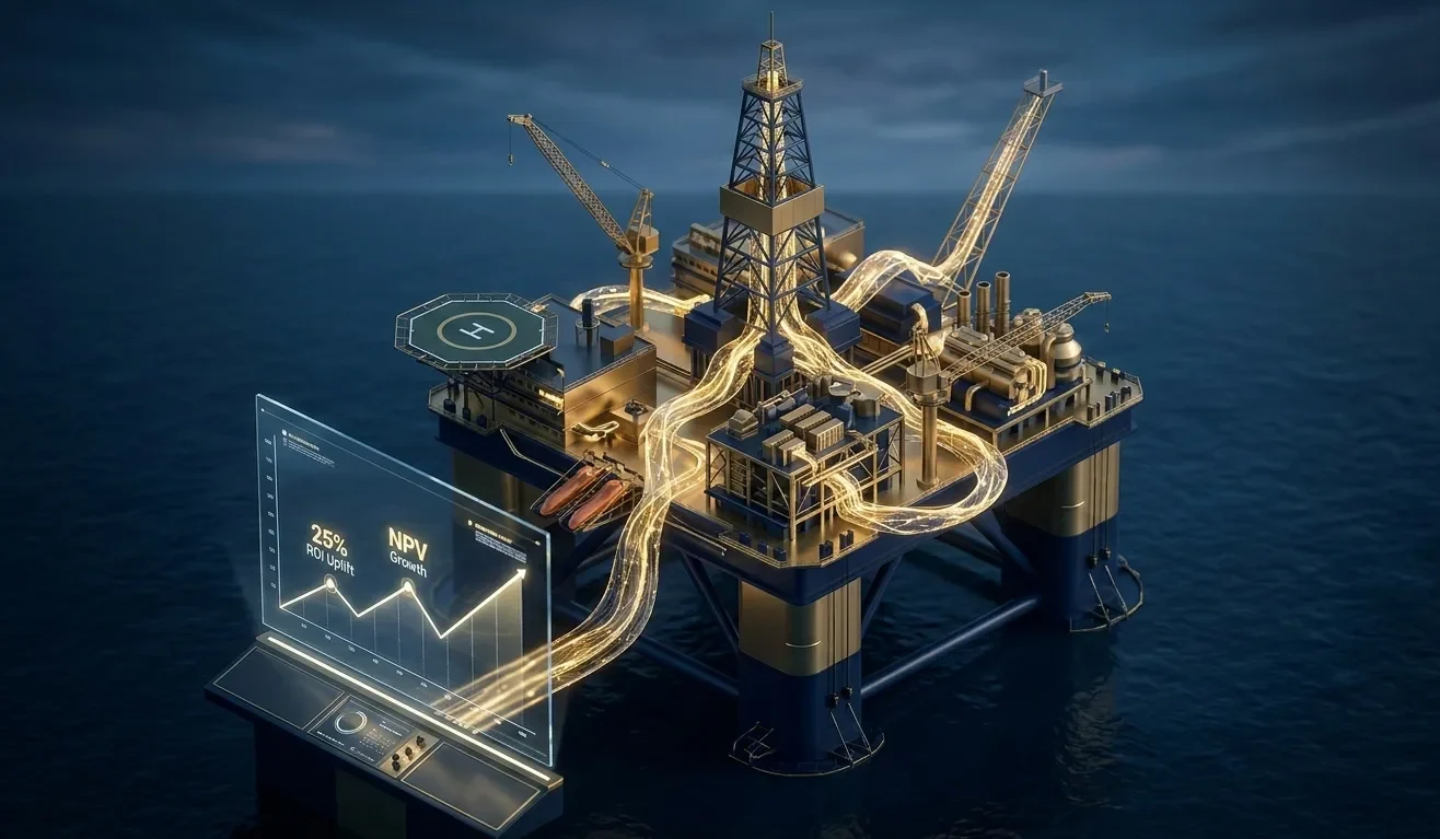 Sleek isometric render of an offshore oil rig integrated with glowing neural network data streams, displaying a 25% AI ROI uplift graph on a digital overlay. High-precision system architecture style representing Project 54's Jantelös™ Method for Oil and Gas Upstream.