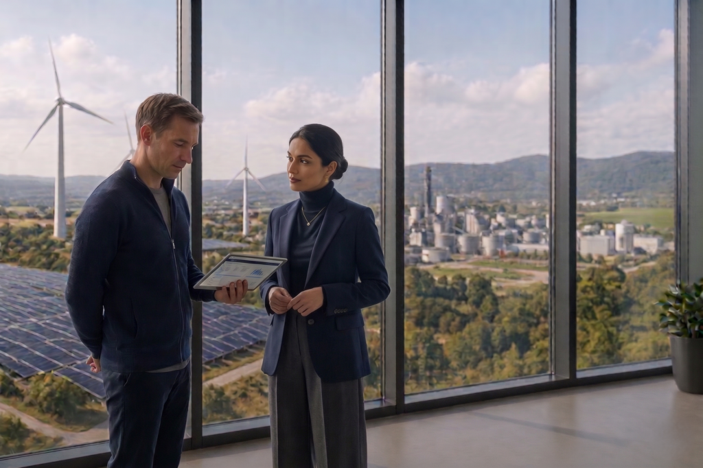 Colleagues with tablet overlooking hybrid energy park and factory; optimizing operations through CRM automation workflows.