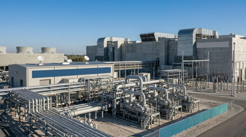 Modern natural gas compression hub and AI data center infrastructure. This "energy-proven" facility represents the technical authority of an oil and gas digital marketing agency in 2026. Revenue Architecture