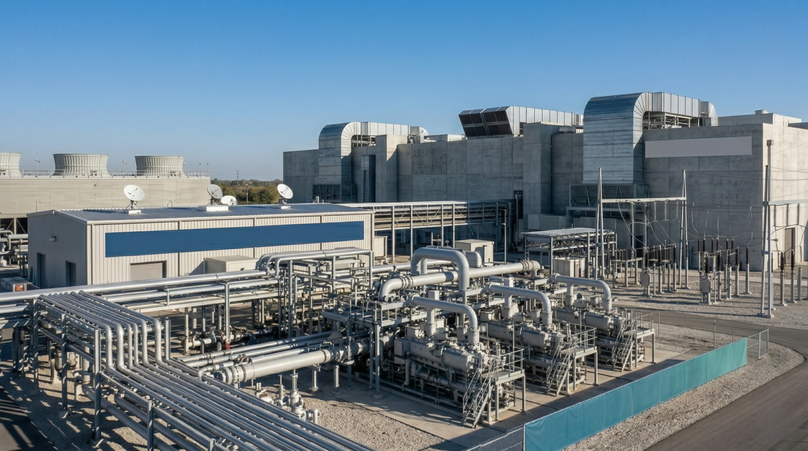 Modern natural gas compression hub and AI data center infrastructure. This "energy-proven" facility represents the technical authority of an oil and gas digital marketing agency in 2026. Revenue Architecture