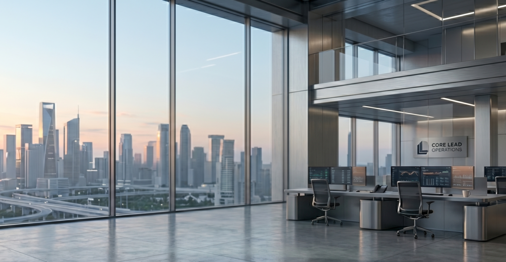 Technical architecture of an AI-Powered Lead Enrichment operations center, featuring high-performance n8n workflow monitoring stations in a modern, industrial-grade engineering environment with a cityscape background