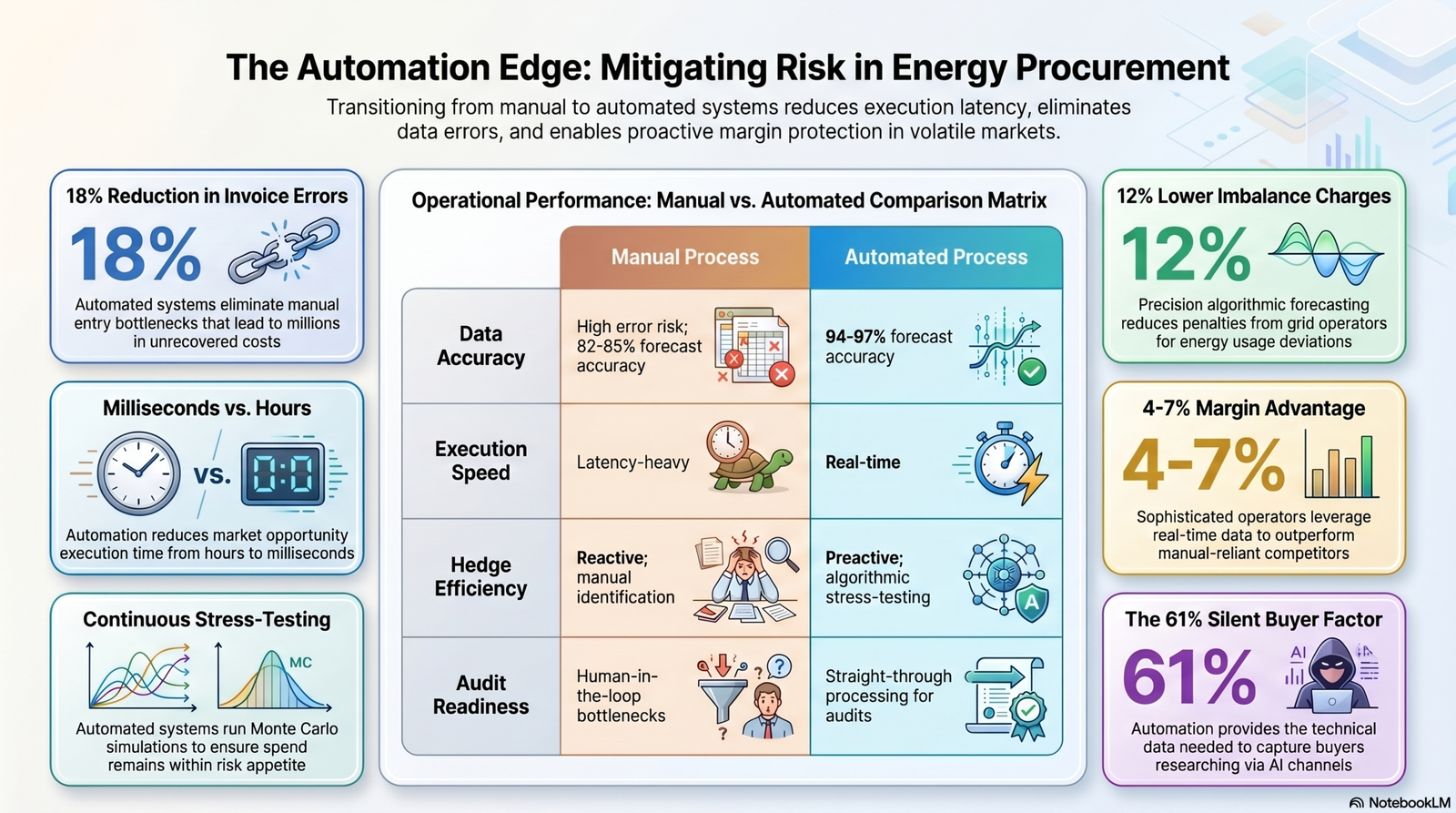 Comparison matrix of manual vs. energy procurement automation showing an 18% reduction in invoice errors.