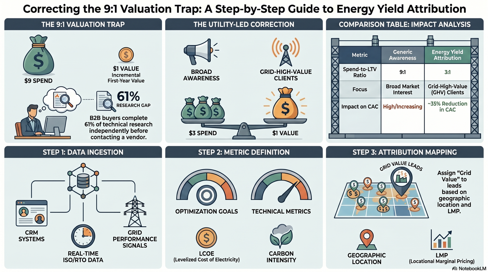 Comparison table showing how Energy Yield Attribution corrects the 9:1 Valuation Trap.