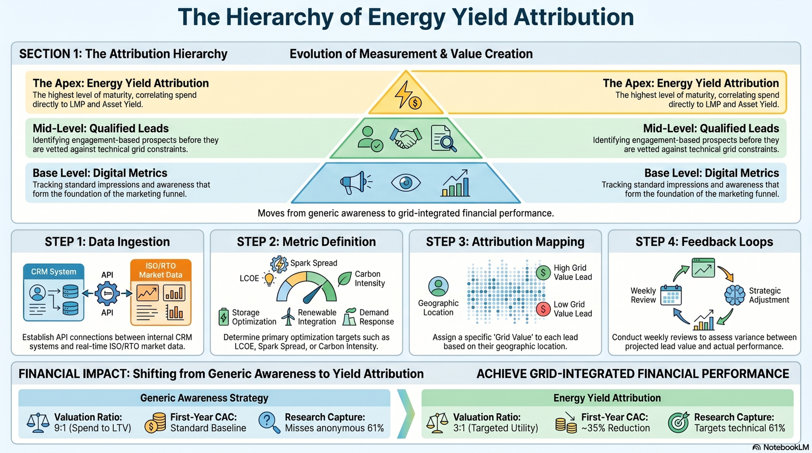 Infographic showing the hierarchy of Energy Yield Attribution from digital metrics to grid-integrated financial performance.