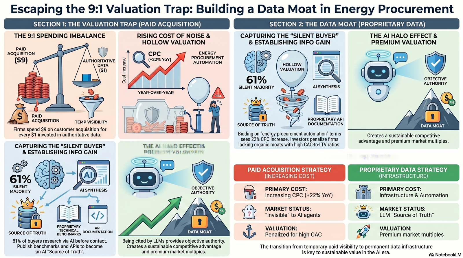 Diagram illustrating the 9:1 Valuation Trap where high CAC in energy procurement automation markets erodes company valuation.