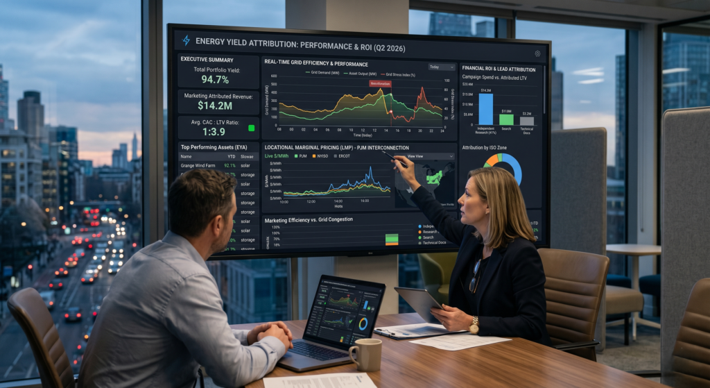 A digital dashboard displaying Energy Yield Attribution metrics, real-time grid efficiency charts, and financial ROI data for energy executives.