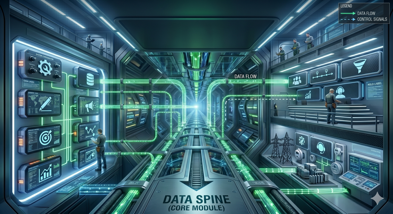 Detailed architectural diagram of a B2B energy MarTech stack illustrating data spine integration with CRM and grid-level information systems.