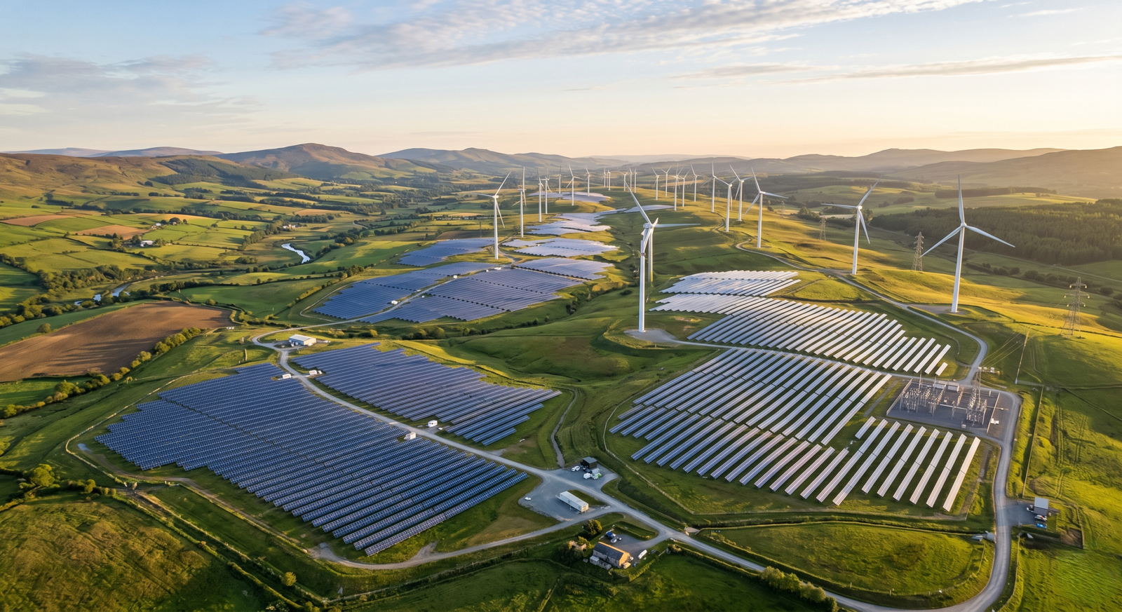 A clean, text-free aerial drone photograph of a sunlit solar and wind farm infrastructure project, perfectly visualizing a sophisticated demand generation for renewable energy strategy.