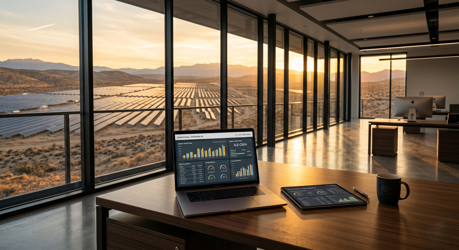 A professional, hyperrealistic office setting featuring a dark-oak desk with a laptop and tablet displaying financial analytics dashboards, overlooking a massive utility-scale solar panel field at sunset, representing a data-driven approach to understanding the modern energy buyer journey.