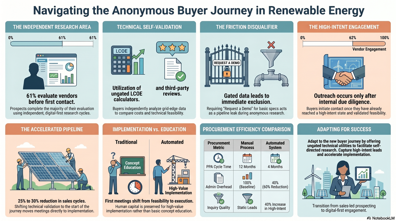 Timeline of the independent renewable energy buyer journey showing the 61% research phase.