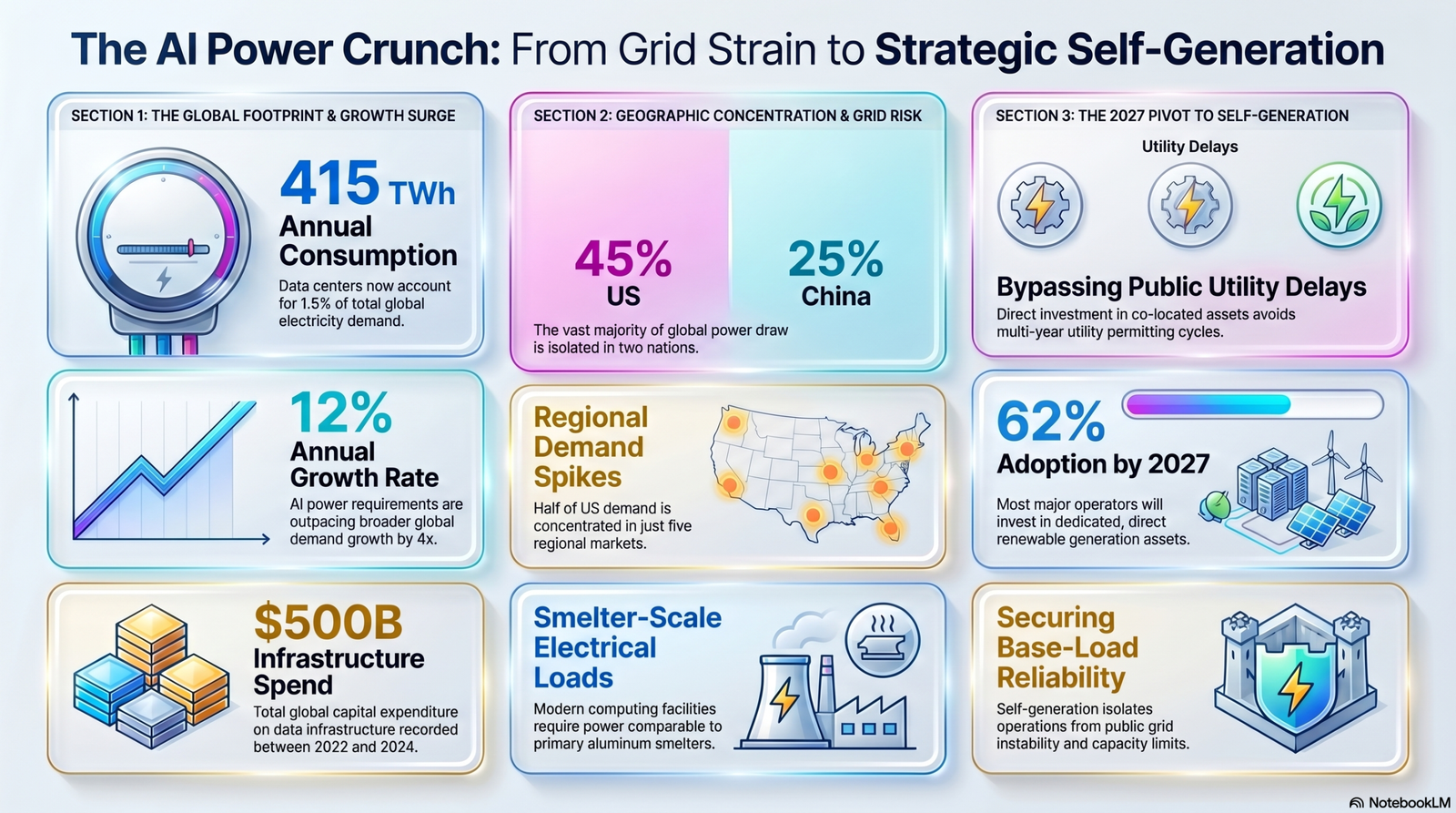 An industrial data infographic titled "The AI Power Crunch: From Grid Strain to Strategic Self-Generation," delineating grid impact metrics essential to artificial intelligence energy integration planning. The diagram maps out three distinct evaluation zones: Section 1 metrics show a 415 TWh annual consumption rate (1.5% of global demand), a 12% annual growth rate pacing 4x faster than broader demand expansion, and a $500 billion infrastructure spend between 2022 and 2024. Section 2 depicts geographic concentration with 45% of load in the US and 25% in China, emphasizing localized regional demand spikes across five key US markets and smelter-scale facility electrical loads. Section 3 details the strategic 2027 pivot to self-generation, noting a 62% operator adoption rate intended to bypass multi-year public utility permitting delays and secure base-load asset reliability.