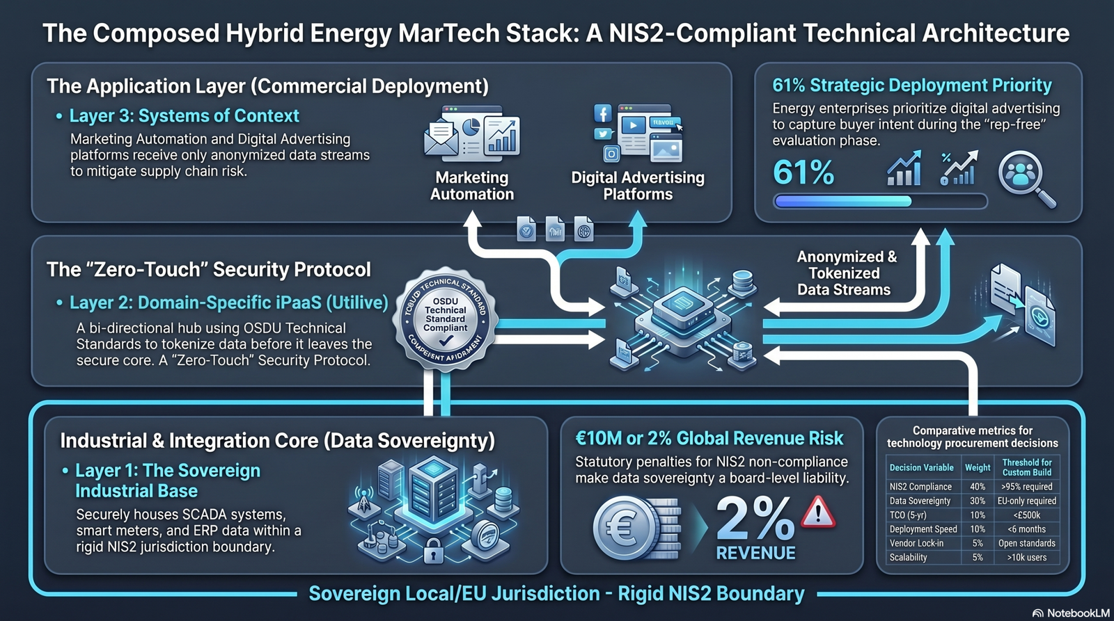 The Composed Hybrid Energy MarTech Stack Model. ALT TEXT: An architectural diagram showing a composed hybrid energy MarTech stack, mapping the relationship between core databases, energy-specific iPaaS, and marketing automation systems.