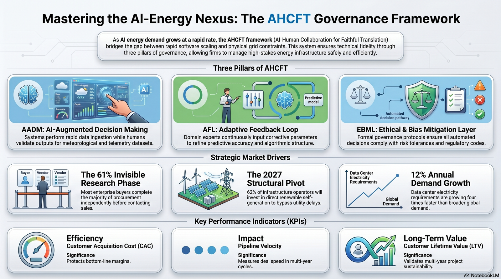 A corporate framework diagram titled "Mastering the AI-Energy Nexus: The AHCFT Governance Framework," presenting structural operational methodologies for risk-managed artificial intelligence energy integration. The layout outlines the Three Pillars of AHCFT: AI-Augmented Decision Making (AADM) for automated meteorological data ingestion with human validation, Adaptive Feedback Loops (AFL) for expert predictive asset alignment, and the Ethical & Bias Mitigation Layer (EBML) for regulatory code compliance. The center tier captures strategic market drivers including the 61% invisible research procurement phase, the 2027 structural pivot to direct renewable generation, and the 12% annualized demand growth vector. The lower tier isolates key corporate performance indicators split by Efficiency (Customer Acquisition Cost), Impact (Pipeline Velocity), and Long-Term Value (Customer Lifetime Value).