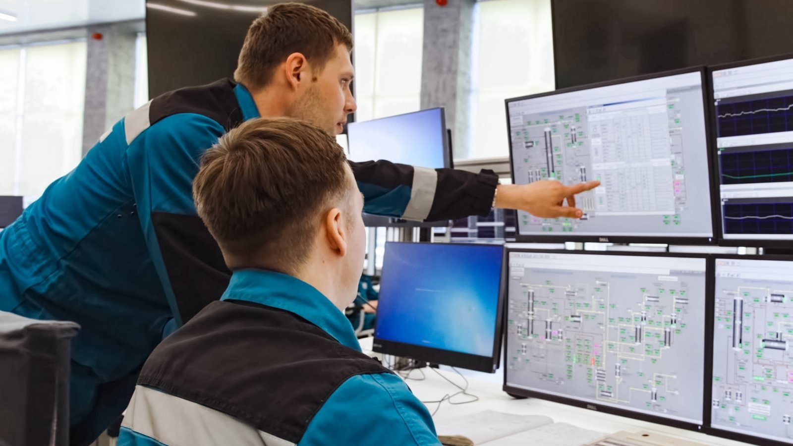 Engineers reviewing live data on an operations wall, the kind of always on computing load driving data center power demand.