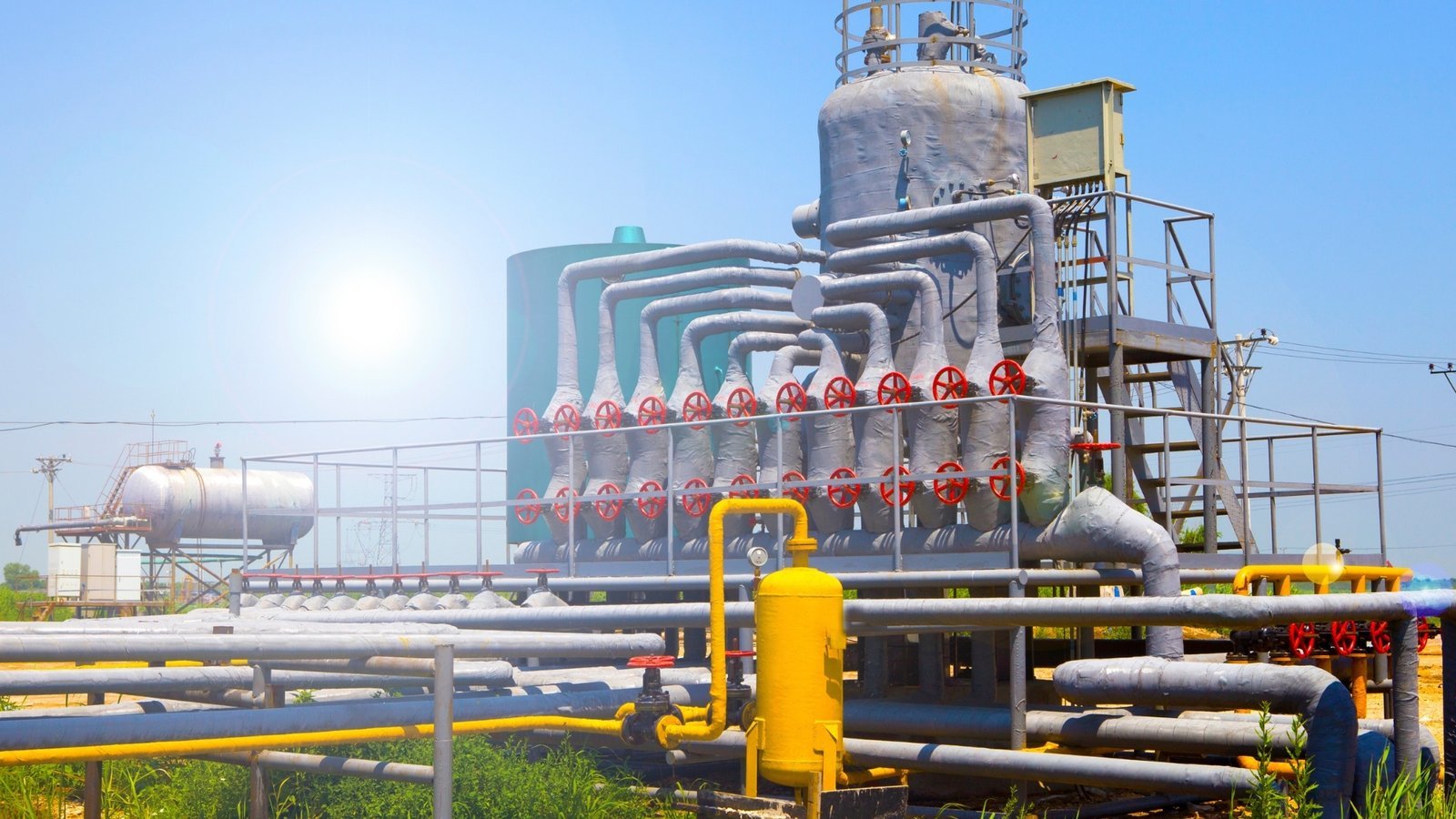 Gas processing plant pressure vessels and pipework under bright sunlight