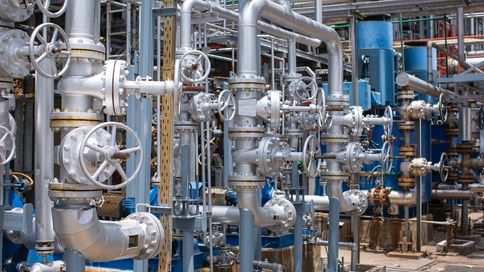 Instrument manifold and pressure gauges at an energy facility