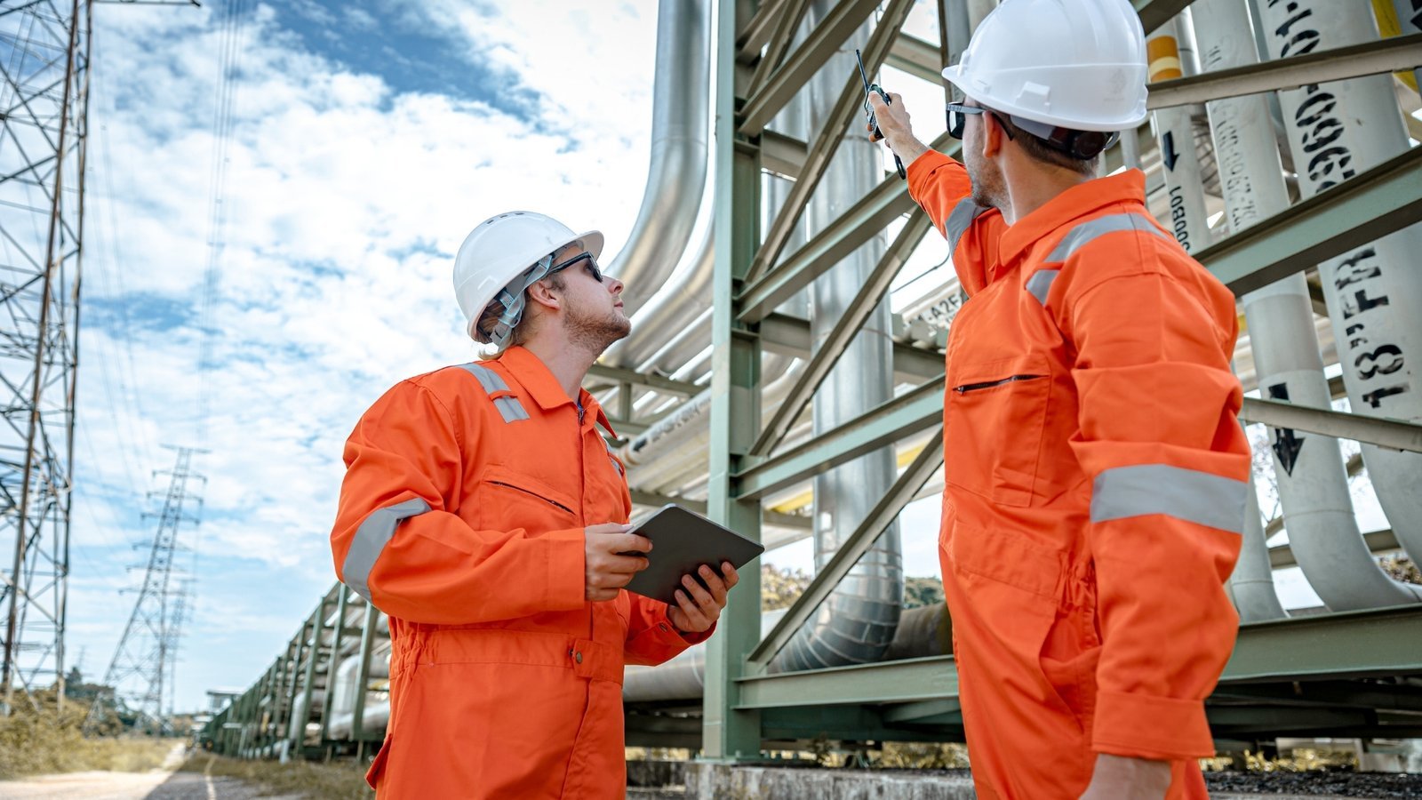 Two engineers reviewing work on a tablet at an operating energy site. In energy B2B the specification is usually agreed between an operator's engineer and a contractor's engineer, long before a vendor's sales team is invited into the conversation.