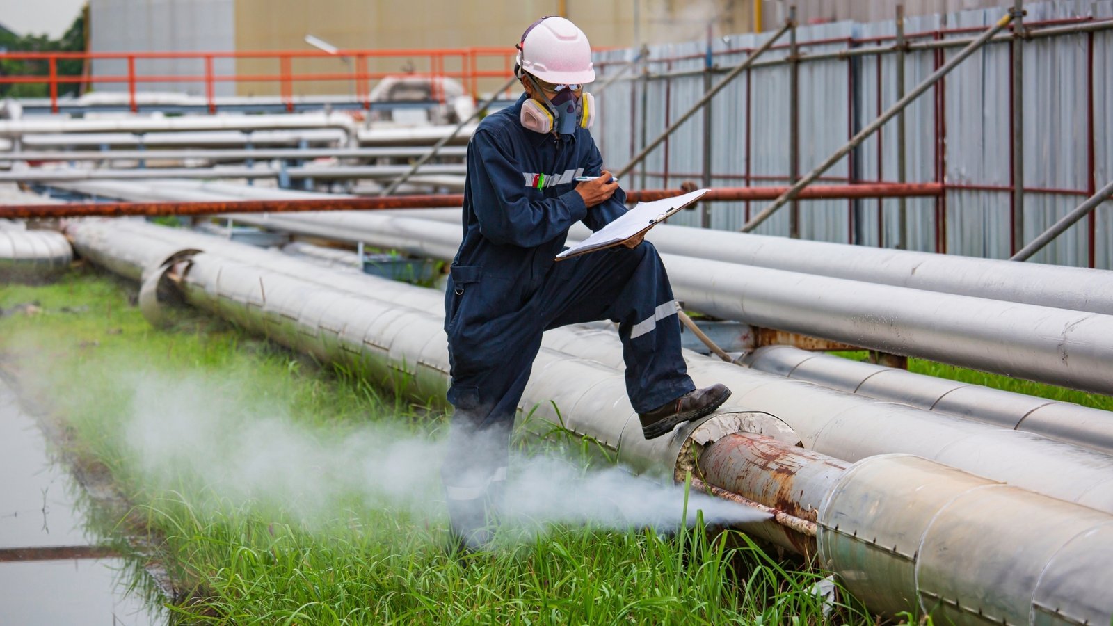 Engineer recording inspection findings on a document beside process pipework
