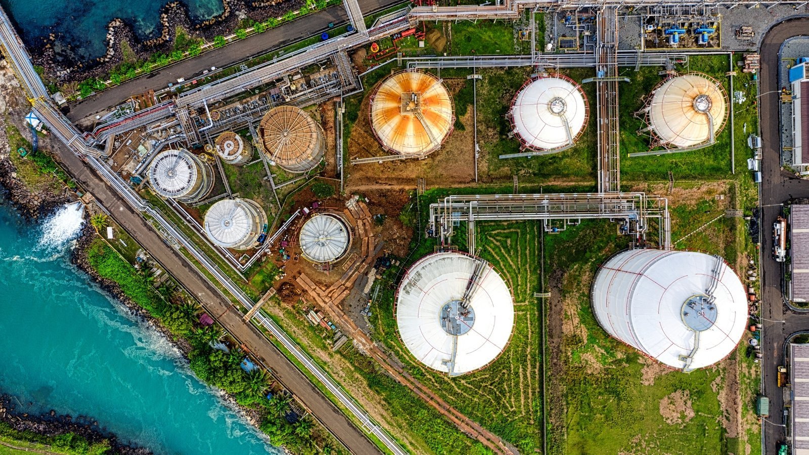 Aerial view of a bulk fuel storage terminal with cylindrical tanks
