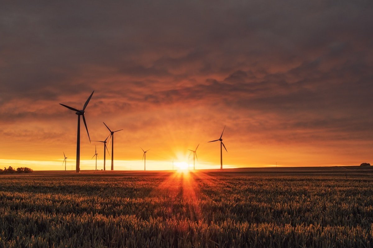 A row of wind turbines silhouetted against an orange sunset over open farmland