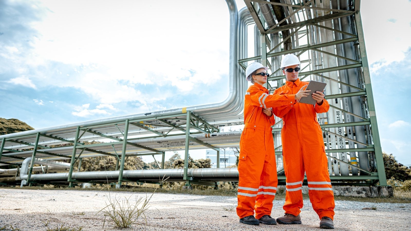 Two energy engineers in orange coveralls conferring over a tablet beside an elevated pipe rack