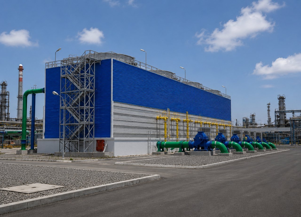 A blue clad industrial water cooling tower beside a process plant, with large green painted pipework and pumps running along the apron in front of it under a bright sky