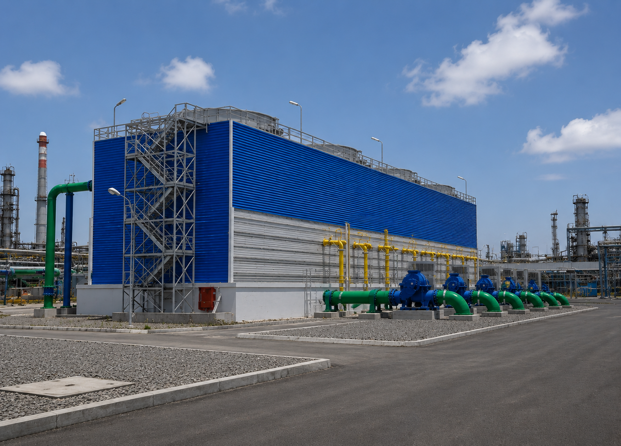 A large blue clad industrial cooling tower served by a row of green pipes and pumps inside a process plant under a blue sky